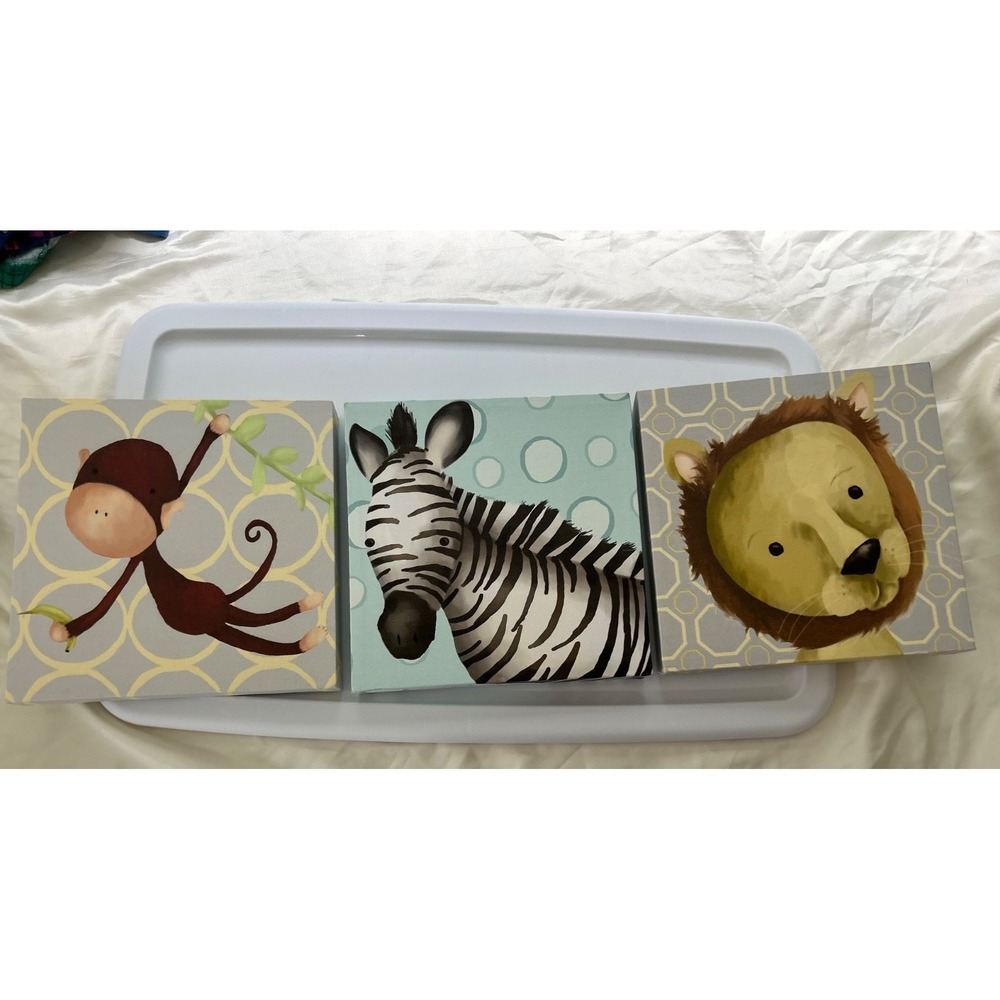 Oopsy Daisy Kids Wall Art Set 3 Canvas Zebra Lion Monkey 10x10 Nursery Decor